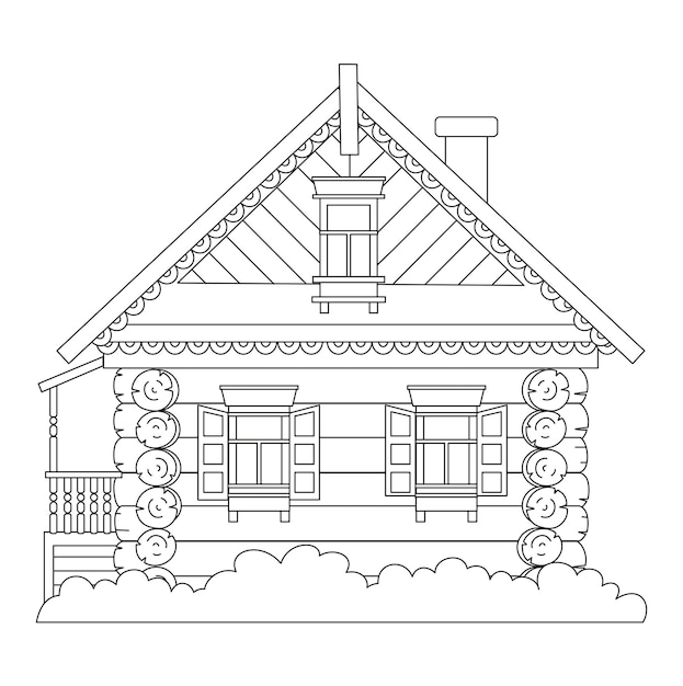 Vector russian fairy log hut. old wooden house. coloring book