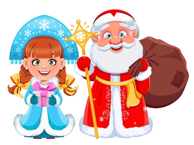 Vector russian father frost and snegurochka snow maiden