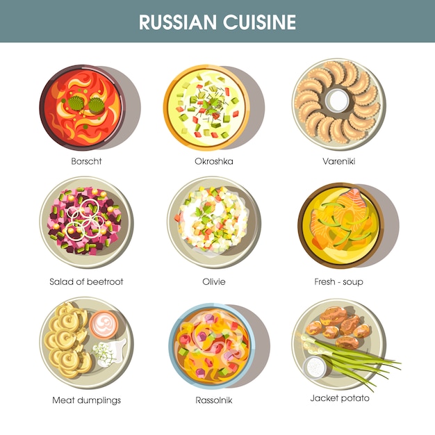 Russian food cuisine vector icons for restaurant menu