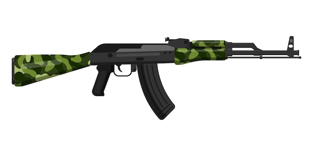 Russian green olive khaki camouflage AK 47 Kalashnikov assault rifle with butt. Concept of terrorism and war with the use of military firearms for soldiers. Vector cartoon isolated illustration.