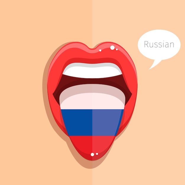 Lingua russa lingua bocca aperta con bandiera russa donna faccia design piatto illustrazione