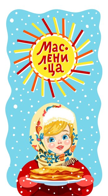 Vector russian little girl holds a plate of pancakes for maslenitsa