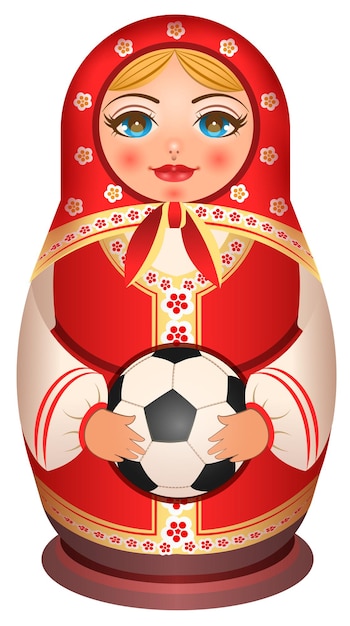 ロシアの入れ子人形マトリョーシカはサッカーボールを持っています。白いイラストで隔離