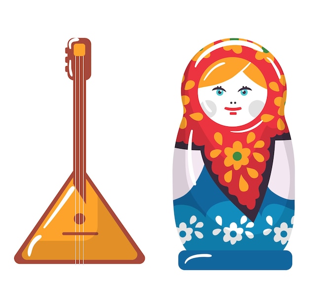 Vector russian slovenian culture icon matryoshka and balalaika stuff historical ancient old culture cartoon...