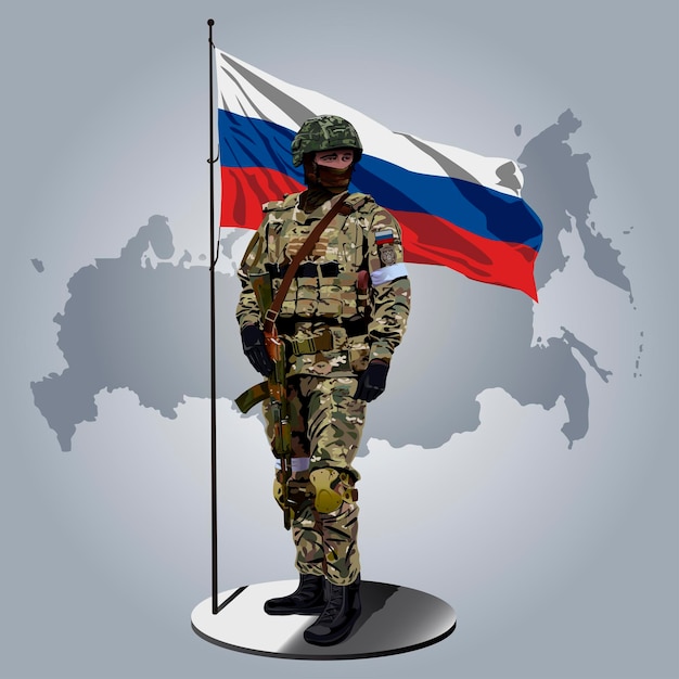 russian soldier with russian flag behind Russia Army