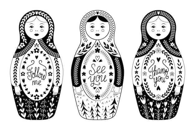 Vector russian traditional nested doll vector set three vintage nesting babushka with lettering inscription