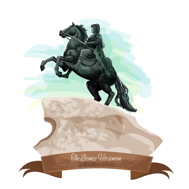 Vettore monumenti di viaggio russi icona del fumetto con la statua del cavaliere di bronzo di pietro il grande su postazione di pietra a san pietroburgo, decorata da un banner a nastro