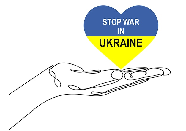 Russian-Ukrainian conflict. Hand gesture holding Ukraine flag in the shape of heart