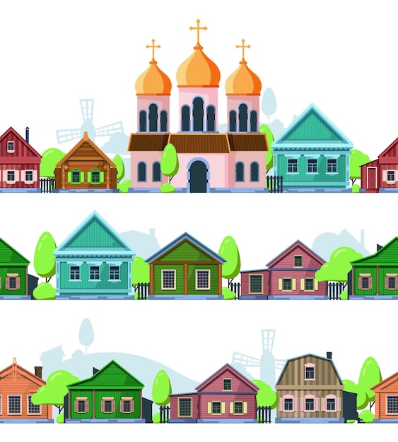 Russian village landscape Rural old style wooden houses garish vector seamless background template Landscape village house rural