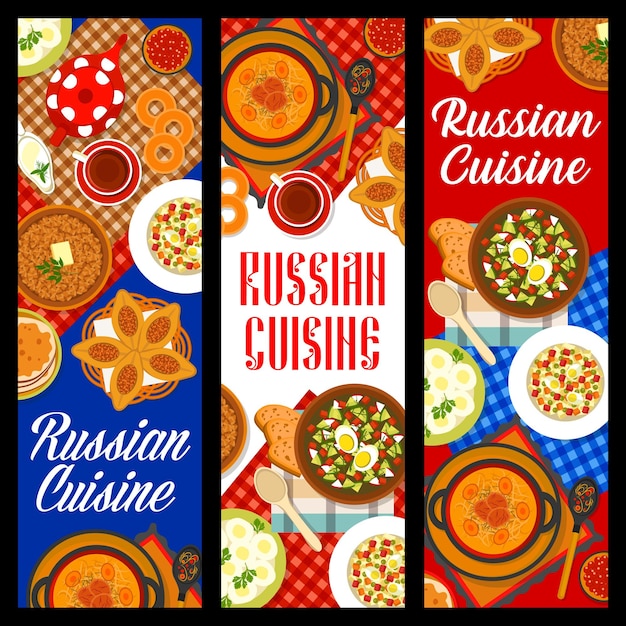 Russische keuken banners restaurant eten gerechten en maaltijden van rusland vector russische keuken lunch en diner gerechten van okroshka groentesoep aardappel gebak knish en koolsoep shchi
