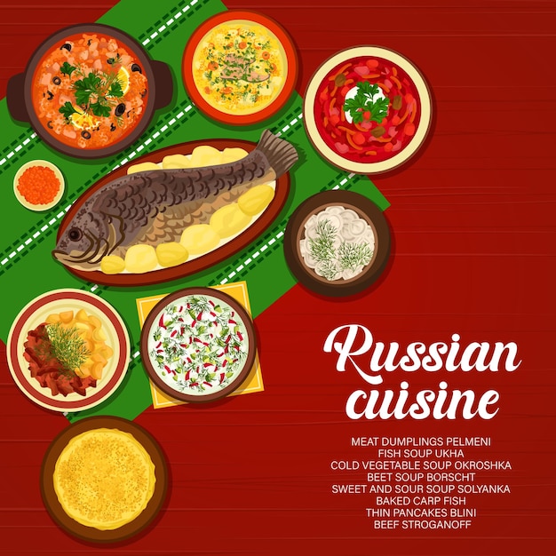 Russische keukenmenu omvat vlees, vis en soepen