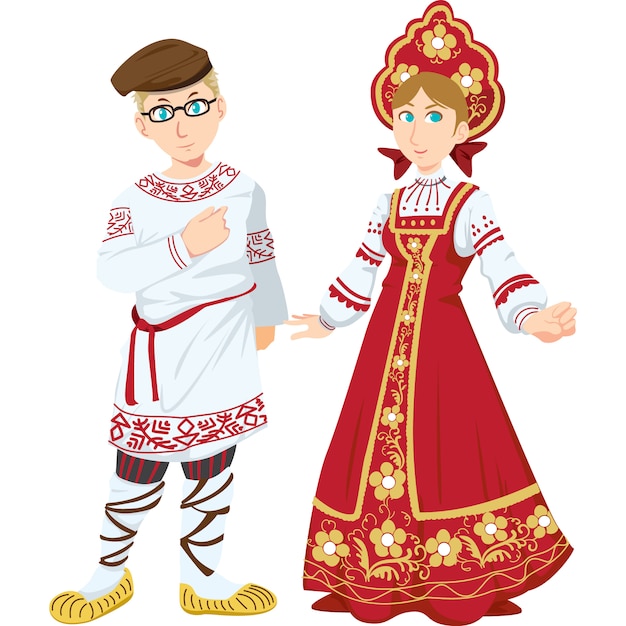 Vector russische man en vrouw in de traditionele kleding die op witte achtergrond wordt geïsoleerd.