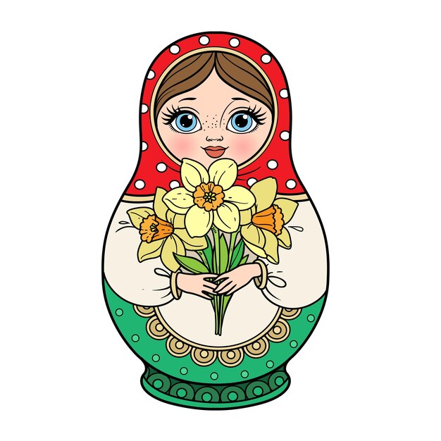 Russische traditionele nestpop Matrioshka met een boeket van narcissen in de hand kleurvariatie voor kleurplaat geïsoleerd op witte achtergrond