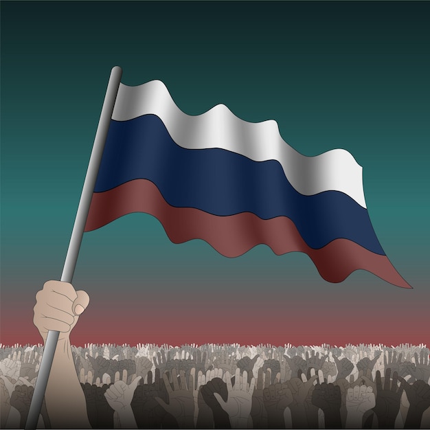 Russische wapperende vlag in de hand onder de menigte.