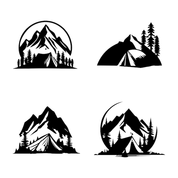 Rustic and adventurous Hand drawn collection set of camping logo silhouettes perfect for nature love