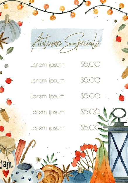 Rustic autumn menu watercolor template with pumpkins