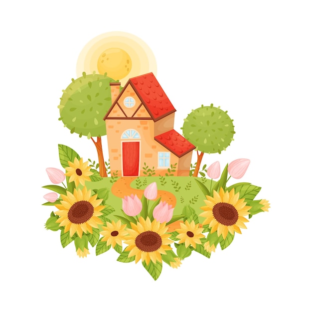 Rustic beige house with a red roof vector illustration