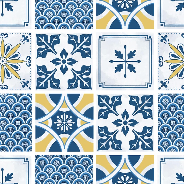 Vector rustic blue and yellow tiles seamless pattern for wallpaper