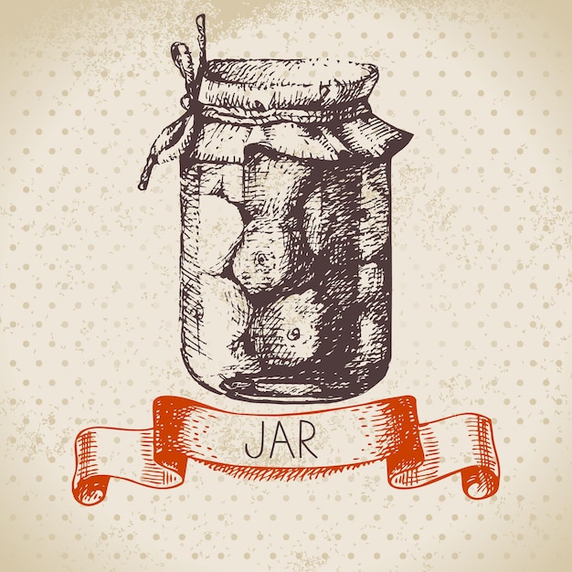 Vector rustic canning jar with tomato. vintage hand drawn sketch design. vector illustration