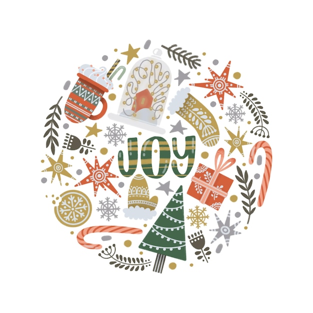 Rustic Christmas round illustration in Scandinavian style