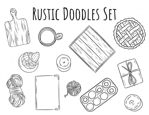 Rustic decorative doodles set. collection of boho home related isolated black outline objects. wooden cut board, breakfast tray, homemade pie, yarn, craft box. hand drawn vintage stock designs