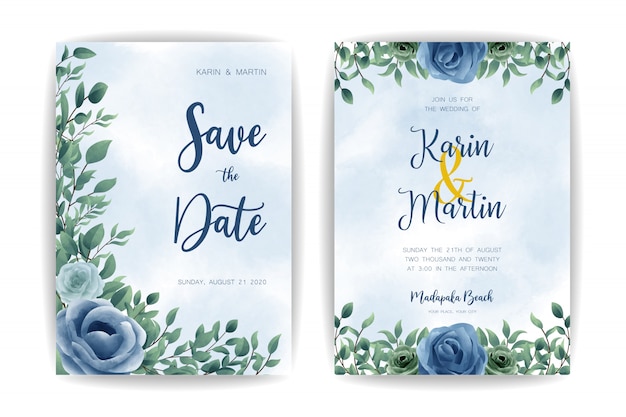 rustic elegant blue floral leaf watercolor wedding invitation vector design