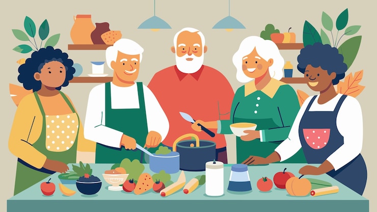 Vector in a rustic farmhouse kitchen seniors chop mix and blend fresh ingredients as they learn how to