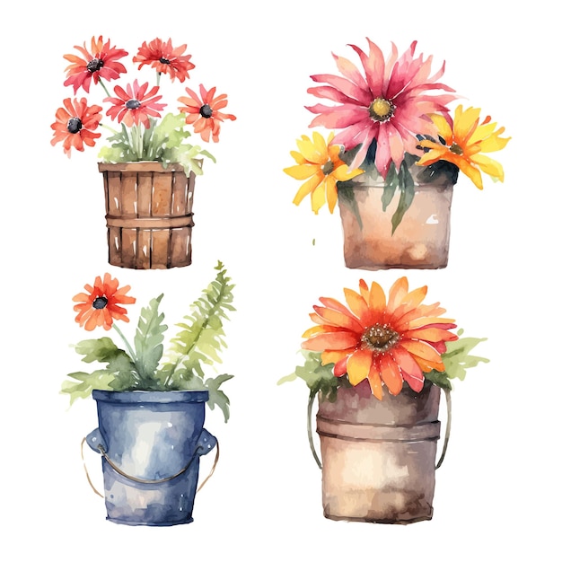Rustic flower in pot watercolor collection