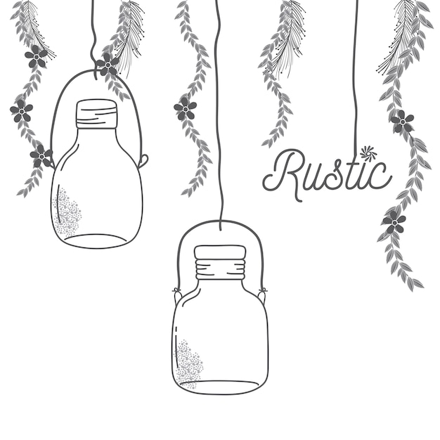 Vector rustic glass jar with leaves hand drawn