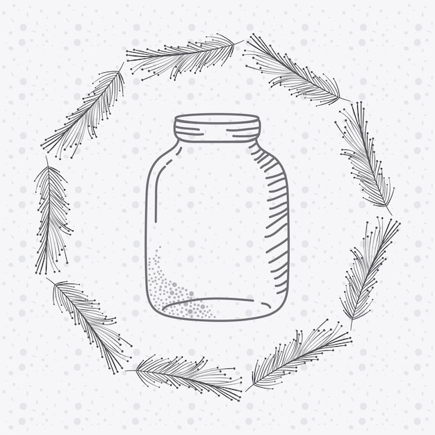 Vector rustic glass jar with leaves hand drawn