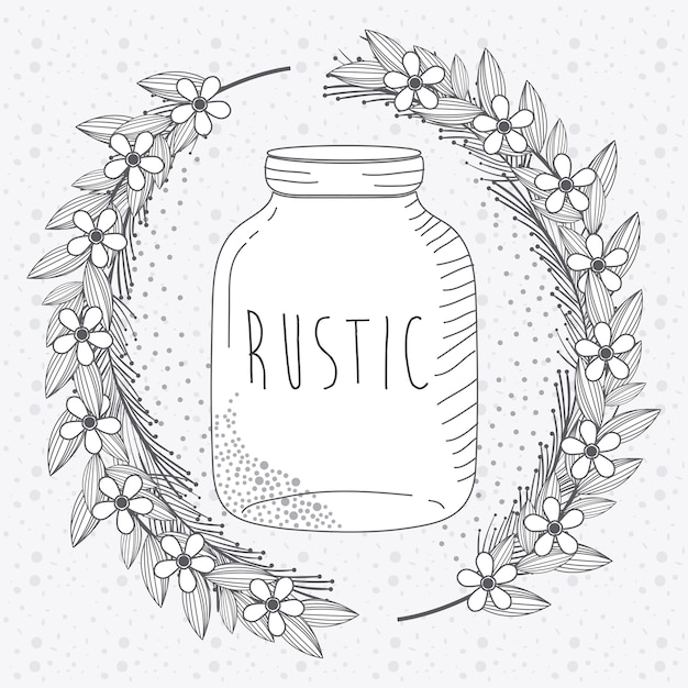 Vector rustic glass jar with leaves hand drawn