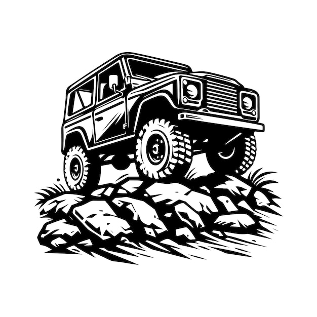 rustic hand drawn logo illustration of off road car