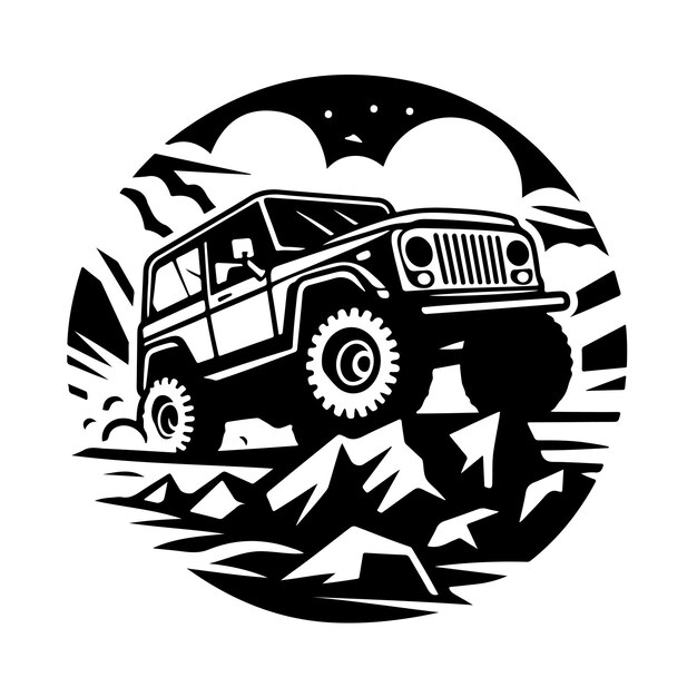 rustic hand drawn logo illustration of off road car