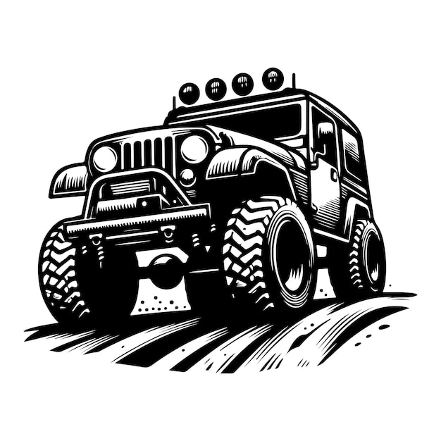 rustic hand drawn logo illustration of off road car