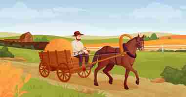 Vector rustic horse vehicles farmer on horsedrawn cart agriculture village background working horses moving old wagon carriage wild west history ingenious cartoon vector illustration