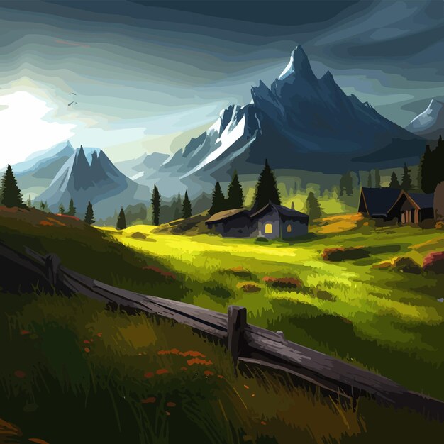 Vector rustic hut on green meadow mountain with sunset sky vector illustration vector illustration