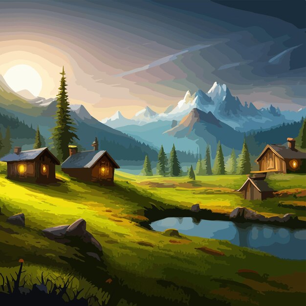 Rustic hut on green meadow mountain with sunset sky vector illustration vector illustration