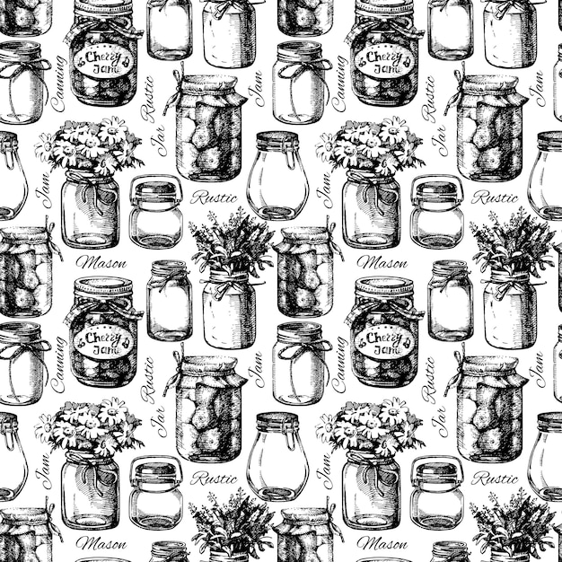 Vector rustic mason and canning jar vintage hand drawn sketch seamless pattern vector illustration