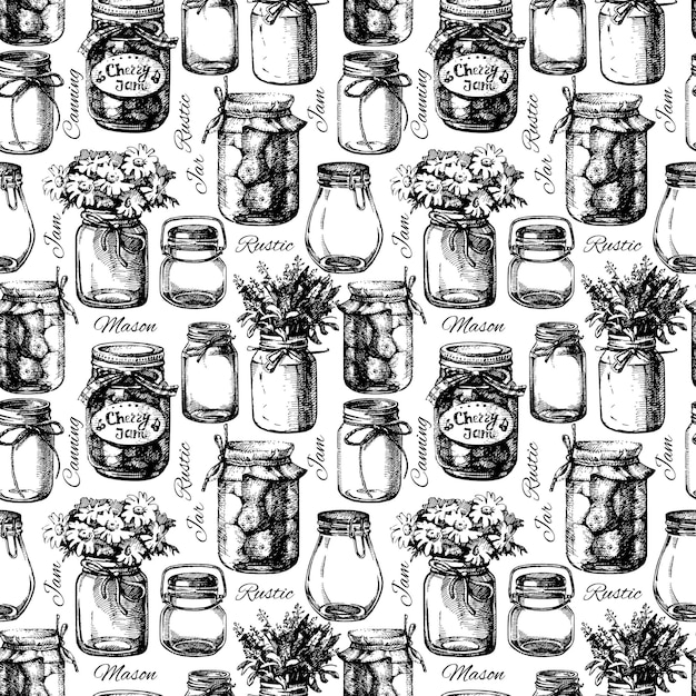 Rustic mason and canning jar Vintage hand drawn sketch seamless pattern Vector illustration