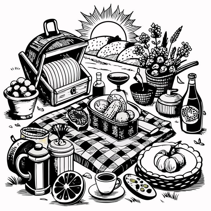 Vector rustic picnic scene with bread and wine in countryside setting