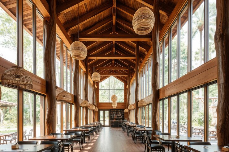 Vector a rustic restaurant with large windows overlooking a grassy field