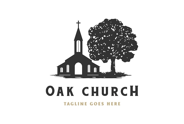 기독교 교회 예배당 로고 디자인 벡터와 소박한 레트로 빈티지 오크 반얀 단풍 나무