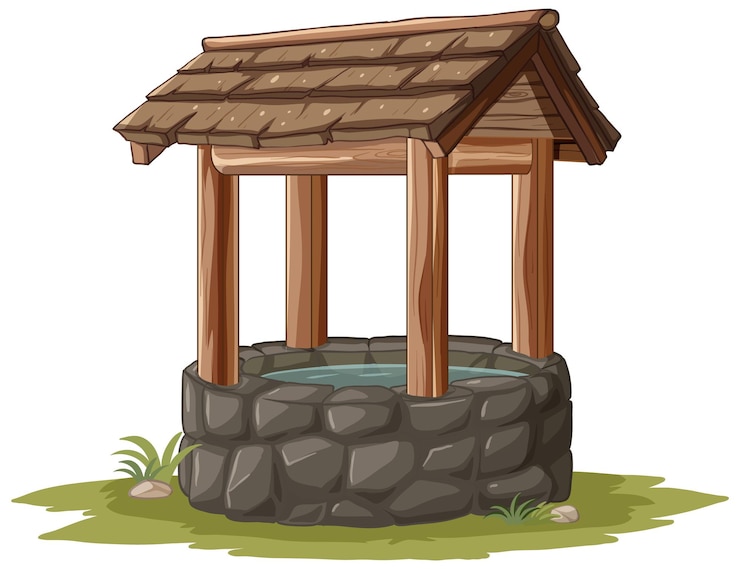Vector rustic stone well in countryside