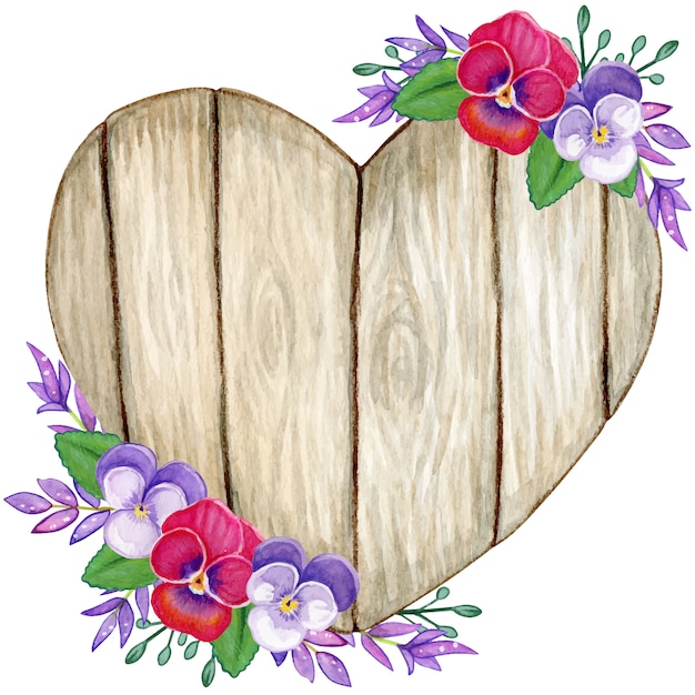 Вектор Деревянное сердце в деревенском стиле с цветочками анютины глазки и фиолетовыми листьями