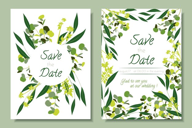 Rustic wedding card with eucalyptus leaves and flowers