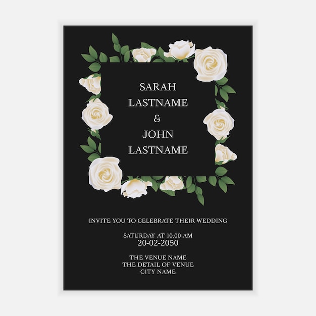 Vector rustic wedding invitation card with white rose flower wreath