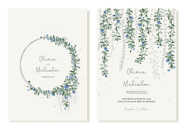 Rustic wedding invitation with floral wreaths blue wildflowers hanging down vector template