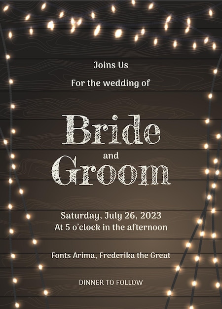 Vector rustic wedding invitation wood and twinkling lights design