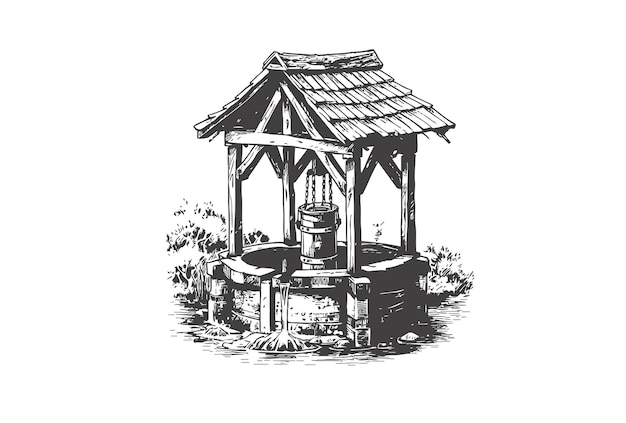 Rustic well with water in black and white a handdrawn sketch highlighted on a white background vector illustration