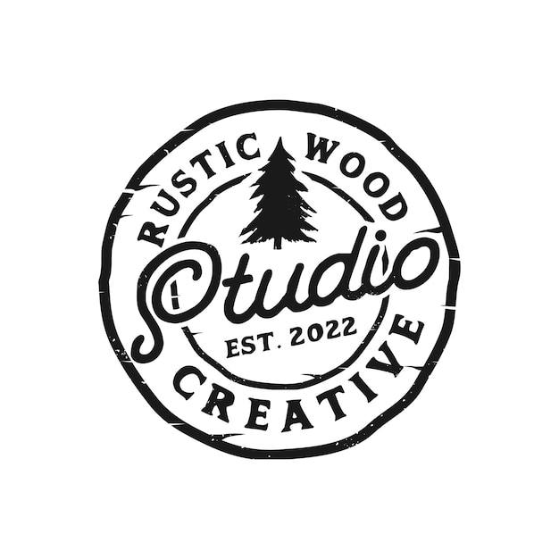 Rustic wood studio vintage vector logo template illustration